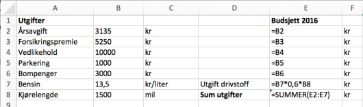Regneark for budsjett, her med formler.